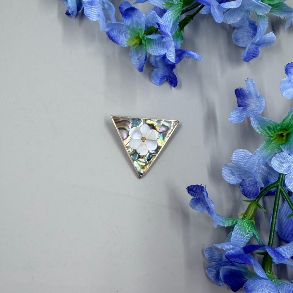 Vintage 925 Sterling Silver Triangle Floral Abalone Brooch